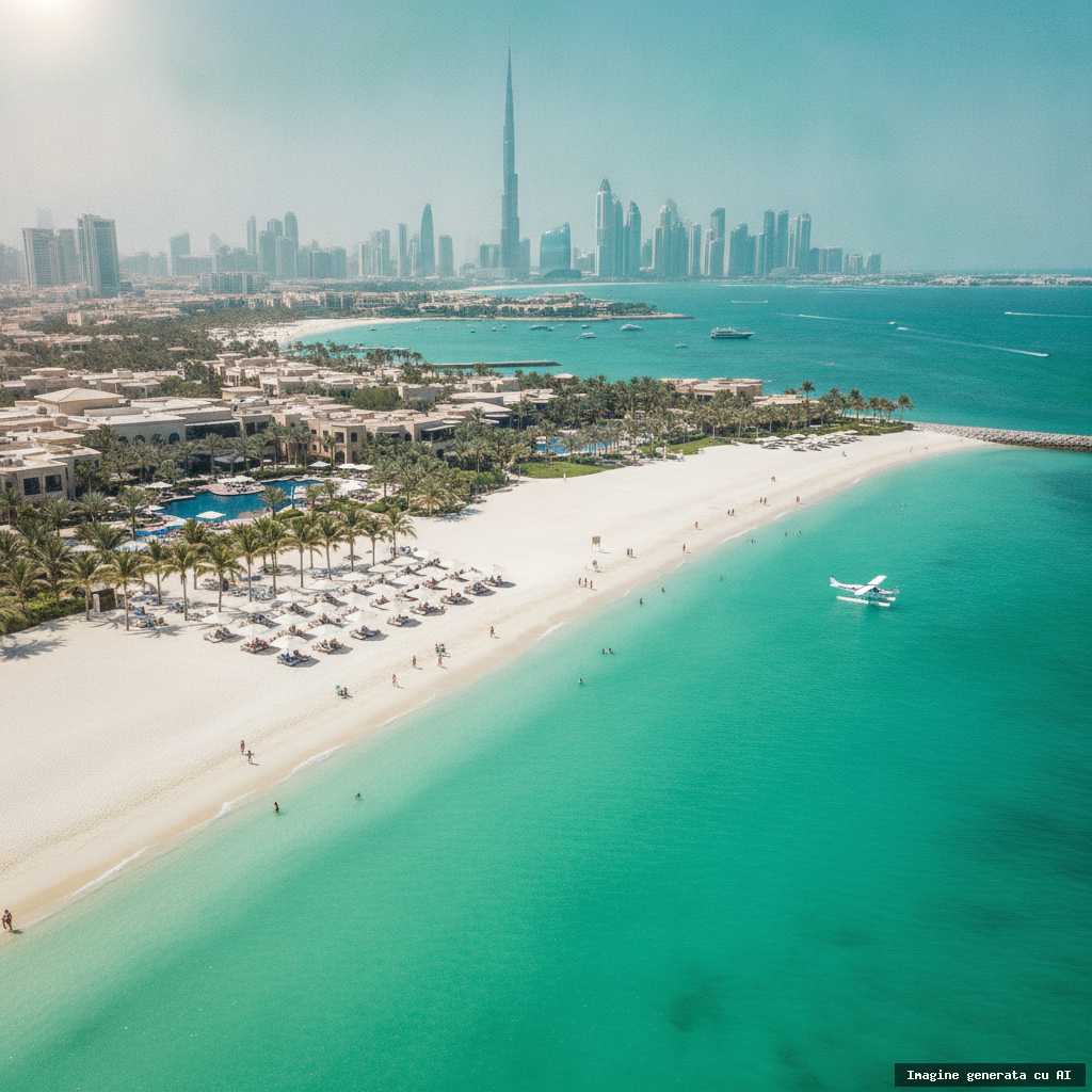 Plaje cu nisip alb în Dubai: unde te relaxezi ca într-un vis (imagine generată cu AI)
